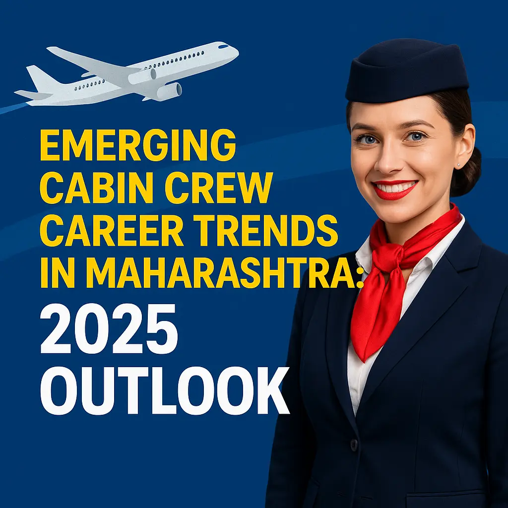 Female cabin crew member in navy uniform with red scarf, smiling confidently, beside bold text reading “Emerging Cabin Crew Career Trends in Maharashtra: 2025 Outlook” and a flying airplane icon.