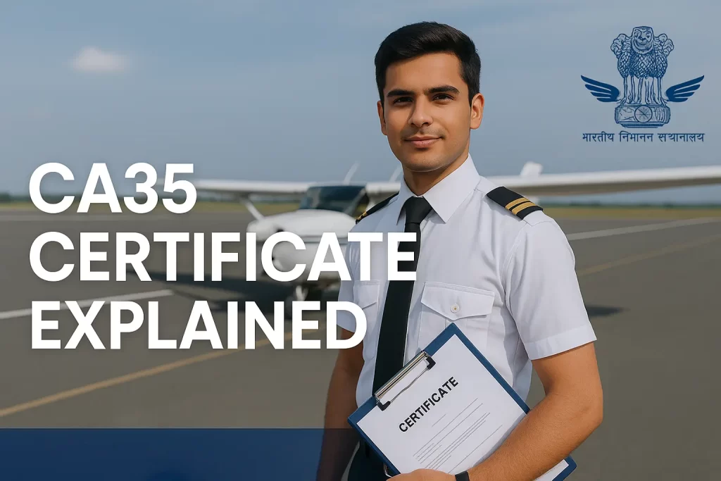 Indian student pilot in uniform holding a certificate clipboard on a runway with a small aircraft in the background; text reads 'CA35 Certificate Explained'.