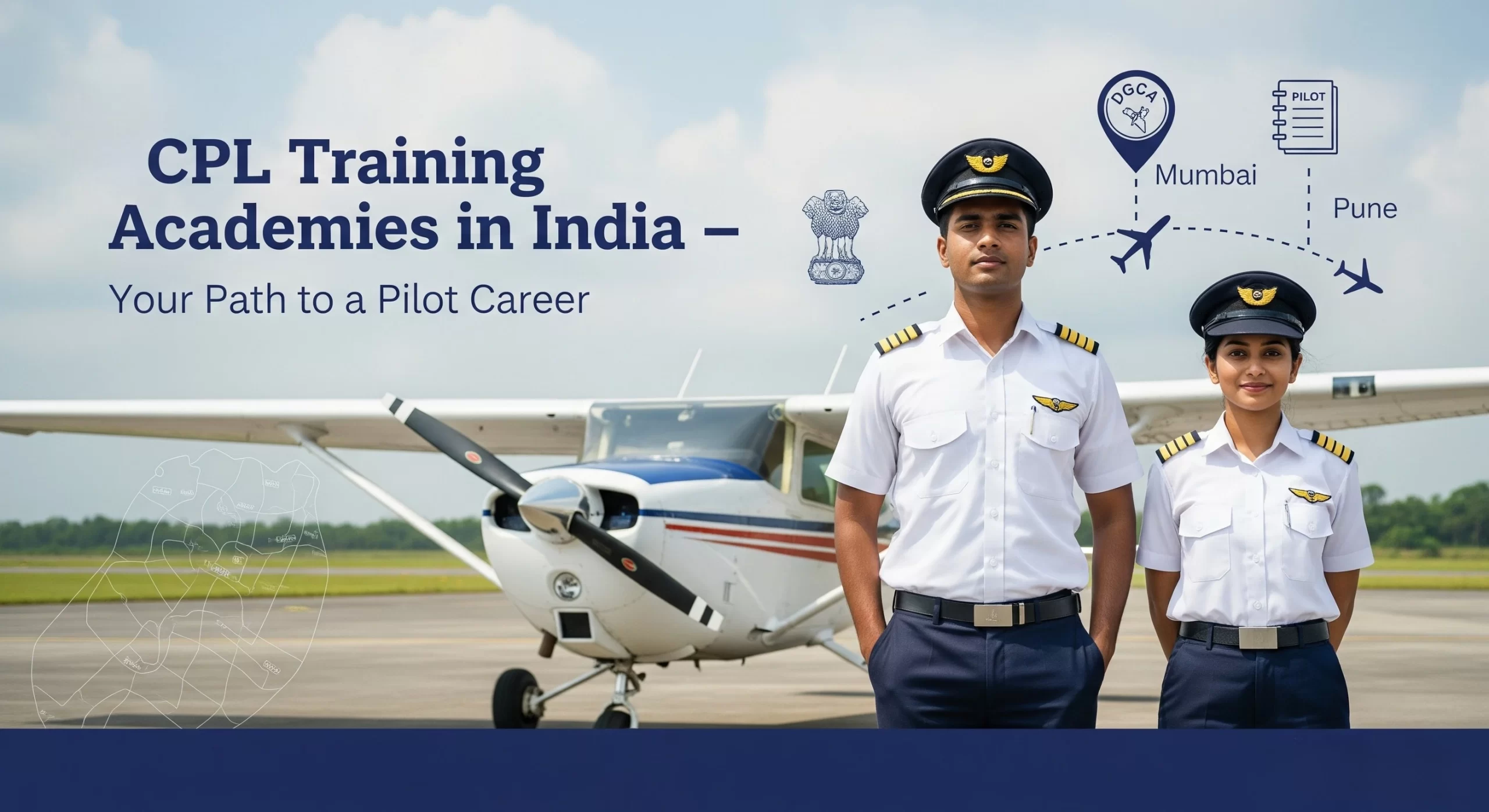 Two Indian student pilots in uniform standing confidently in front of a training aircraft at a CPL Training Academy in India – ALPS.