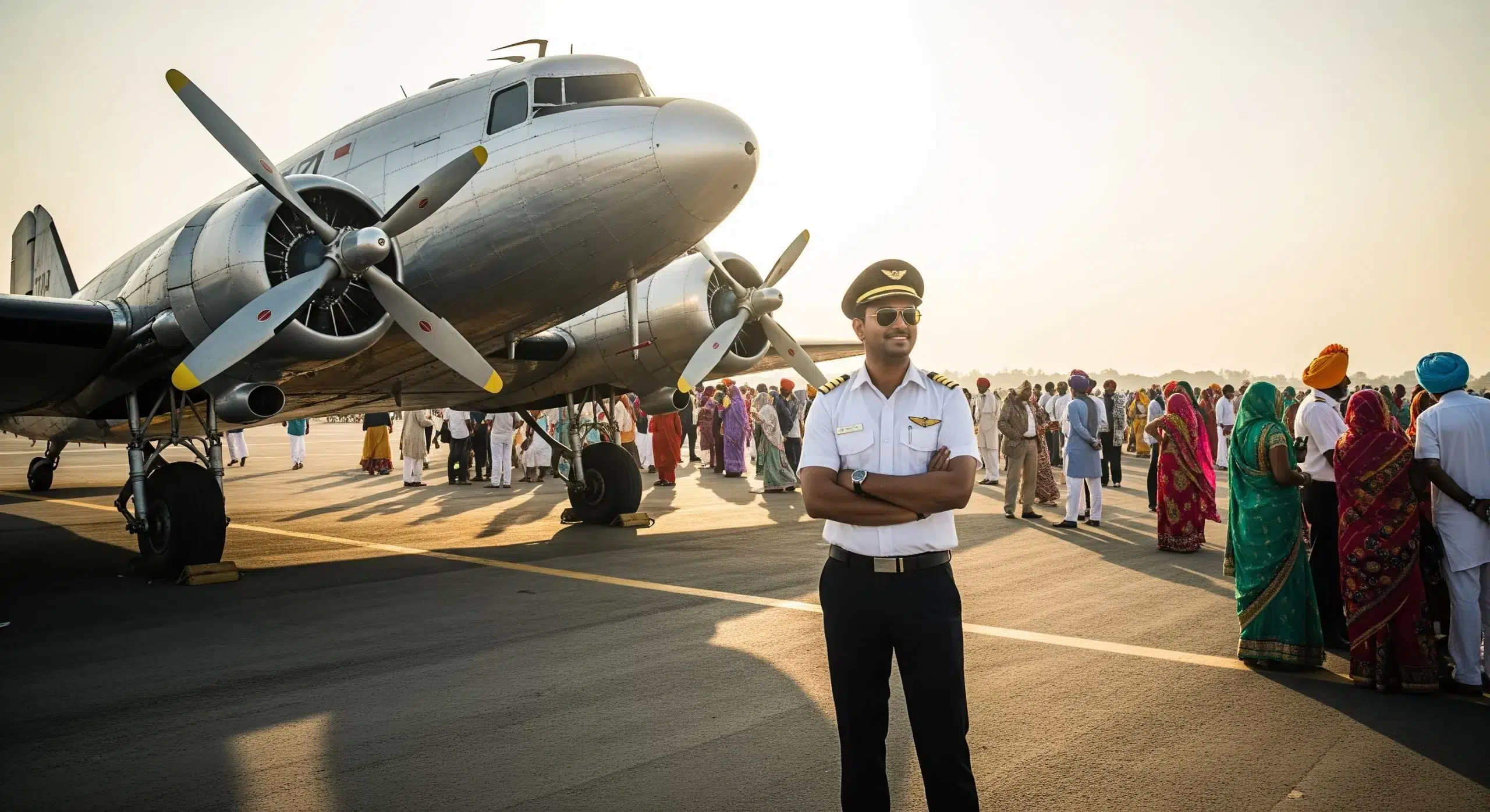 Indian pilot standing confidently near a vintage aircraft during an airshow with a traditionally dressed Indian crowd