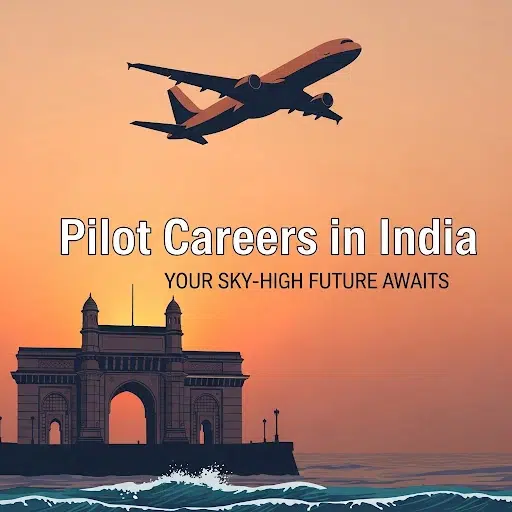 Illustration of an airplane flying over Gateway of India at sunset with the text 'Pilot Careers in India – Your Sky-High Future Awaits'.